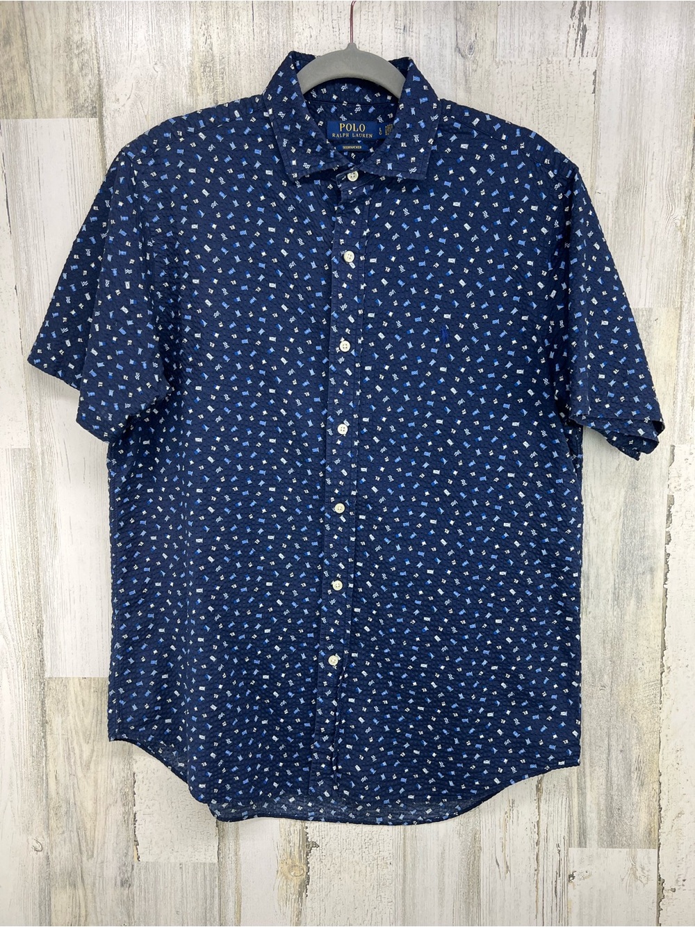 Polo Ralph Lauren Seersucker Short Sleeve Button Down Flag Print Shirt Large